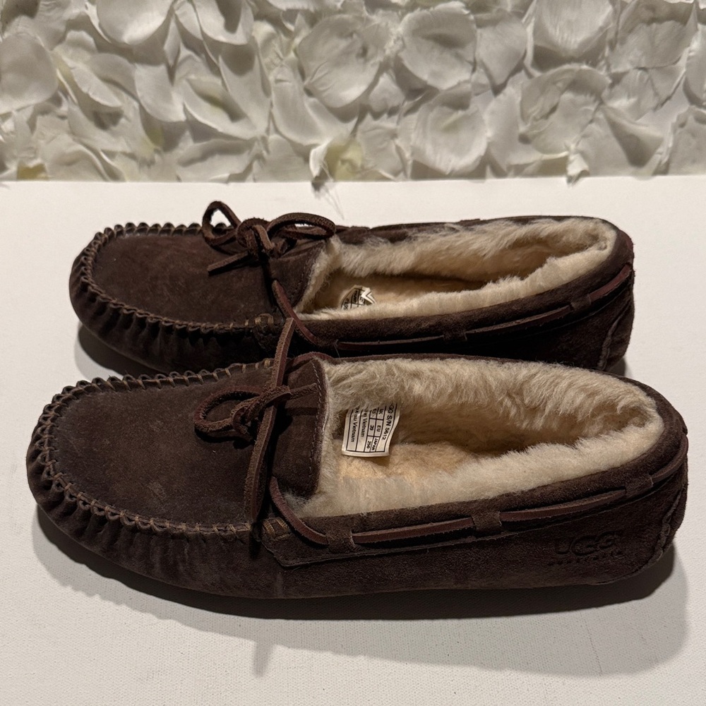 UGG Women's Chocolate Brown Suede Shearling Moccasin Loafers - Picture 2 of 4